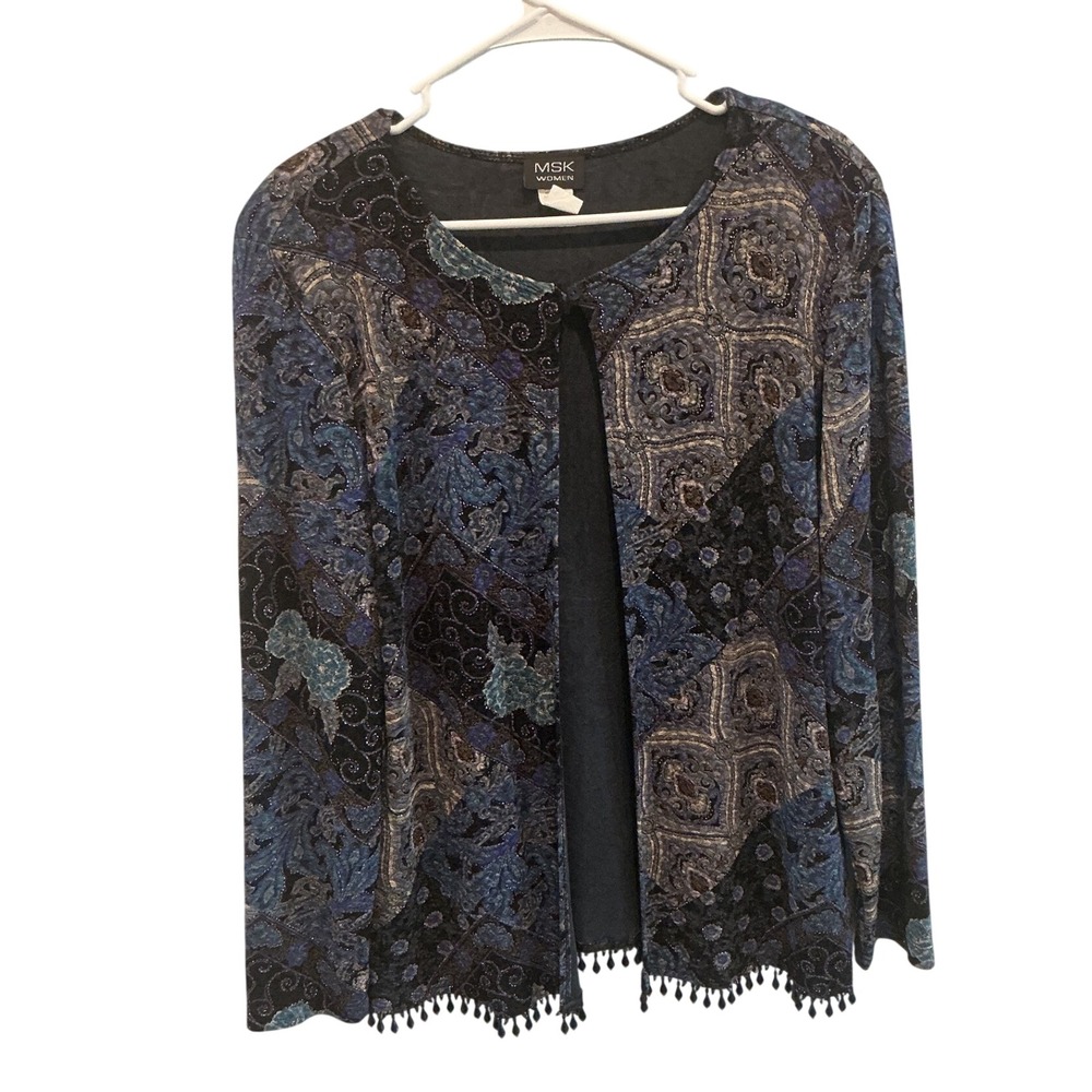 Vintage Womens Whimsigoth Cardigan 1X Black Blue Paisley Beaded Tassel Witchy